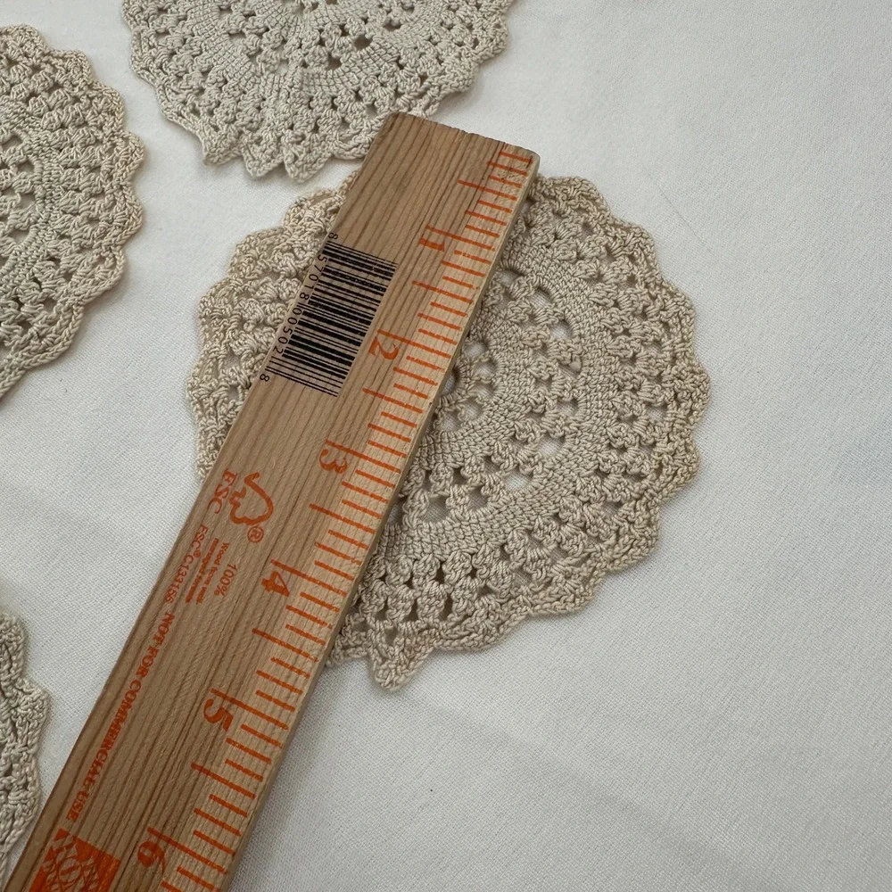 Set of 6 Round‎ Crochet Doilie Coasters Beige Vintage Handmade Table Decor